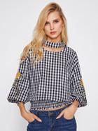 Shein Choker Neck Embroidered Lantern Sleeve Smocked Gingham Top