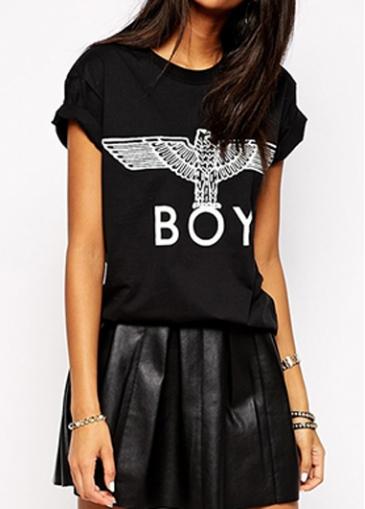 Rosewe Eagle And Letter Print Black T Shirt
