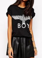 Rosewe Eagle And Letter Print Black T Shirt