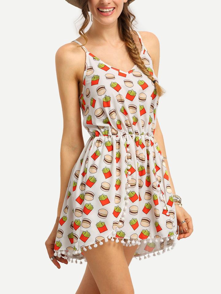 Shein Hamberger & Chips Print Pom Pom Trimmed Cami Romper