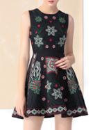 Shein Black Flowers Embroidered Polka Dot A-line Dress