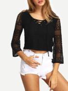 Shein Lace-up V-neck Crochet Hollow Out Blouse