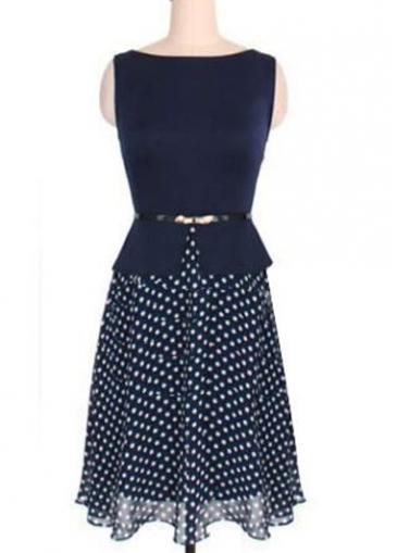 Rosewe Dot Print Sleeveless Chiffon Fake Two Pieces Dress