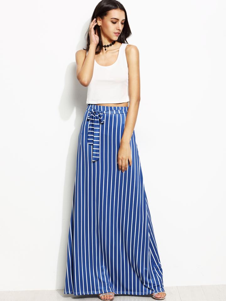 Shein Crop Tank Top With Blue Vertical Stripe Tie Waist Maxi Skirt