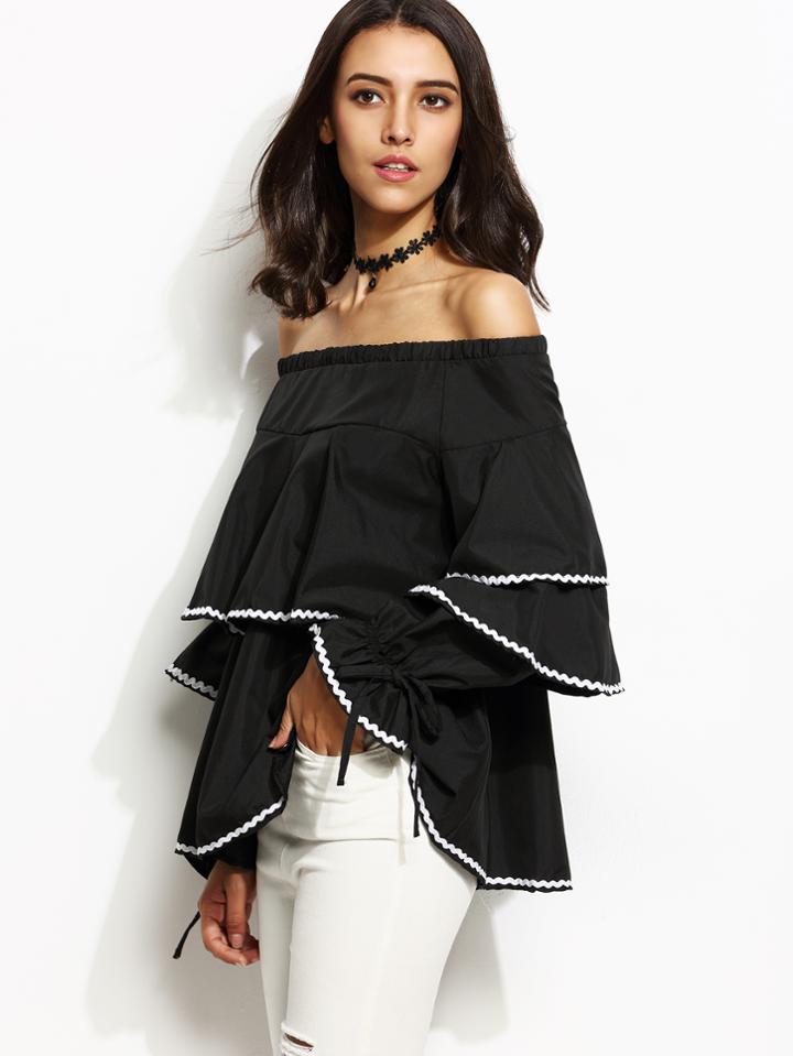 Shein Black Off The Shoulder Lace Trim Ruffle Tiered Top