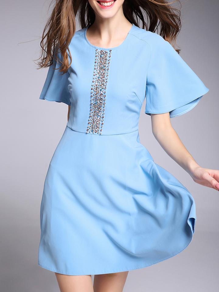 Shein Blue Bell Sleeve Beading A-line Dress