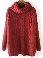 Shein Burgundy High Neck Cable Knit Loose Sweater