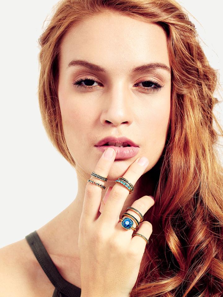 Shein Blue Diamond Alloy Ring Set-8 Pcs
