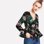 Shein Flower Print Self Belted Blouse