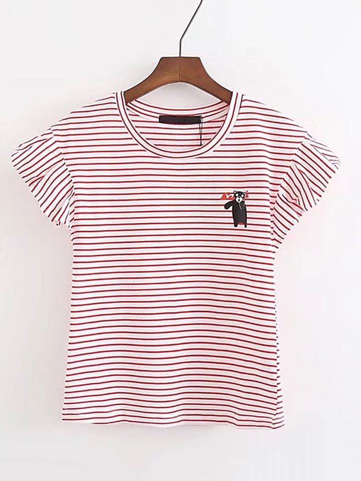Shein Bear Print Striped Tee