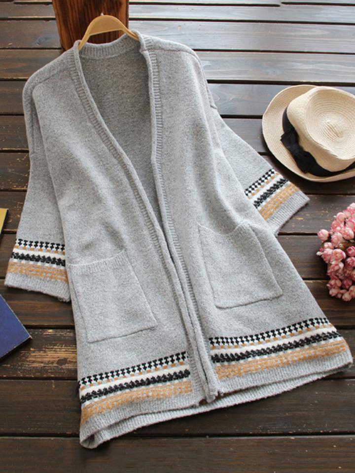 Shein Tribal Pattern Open Front Longline Cardigan