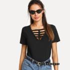 Shein Laddering Cut V Neck Solid Tee