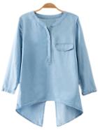 Shein Blue Fake Pocket Cross Back Denim Blouse