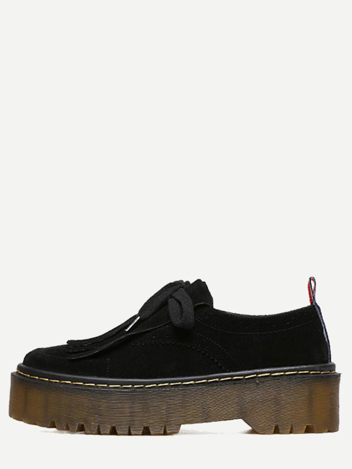 Shein Black Faux Suede Lace Up Fringe Wedges