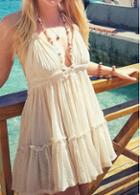 Rosewe Plunging Neck Lace Panel White Chiffon Mini Dress