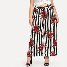 Shein Plus Stripe And Flower Print Wide Leg Pants