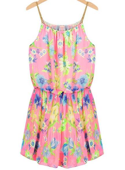 Shein Pink Spaghetti Strap Floral Pleated Chiffon Dress