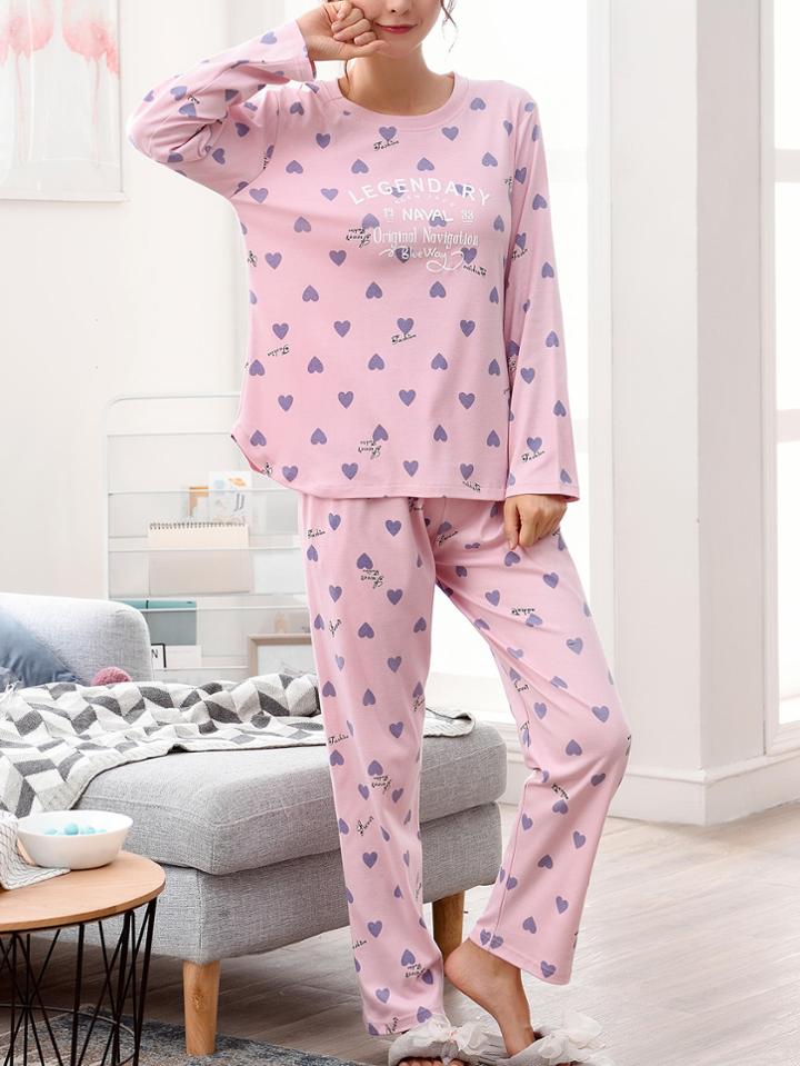 Shein All Over Heart Print Tee & Pants Pj Set