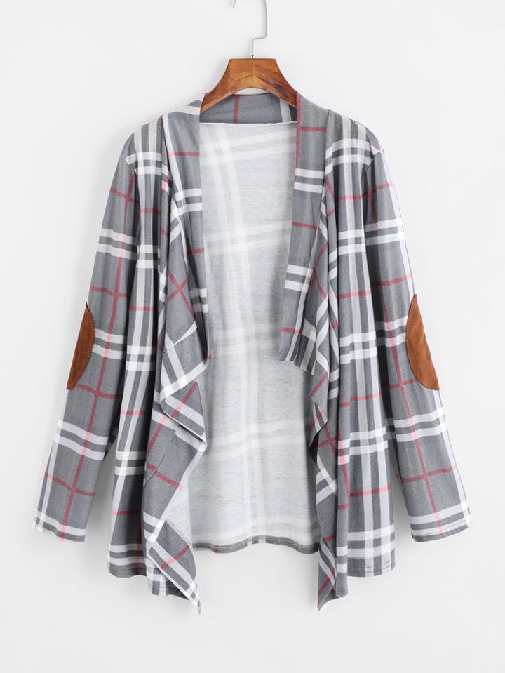 Shein Elbow Patch Checked Ruffle Front Drape Coat