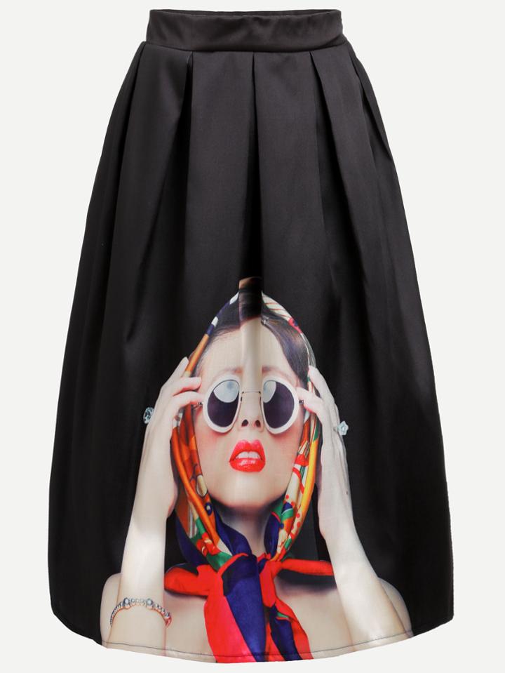 Shein Black Girl Print Pleated Skirt