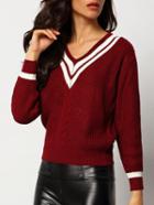 Shein Burgundy V Neck Cable-knit Crop Sweater