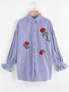 Shein Flower Embroidery Vertical Striped Shirt Dress