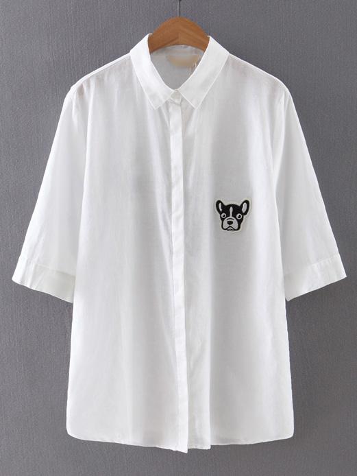 Shein White Lapel Button Dog Embroidery Blouse