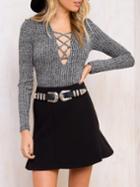 Shein Grey Long Sleeve Deep V Neck T-shirt