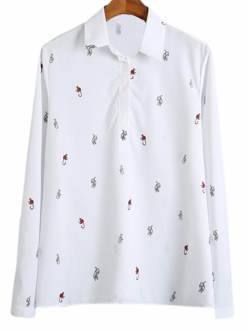 Shein White Long Sleeve Monkey Print Blouse