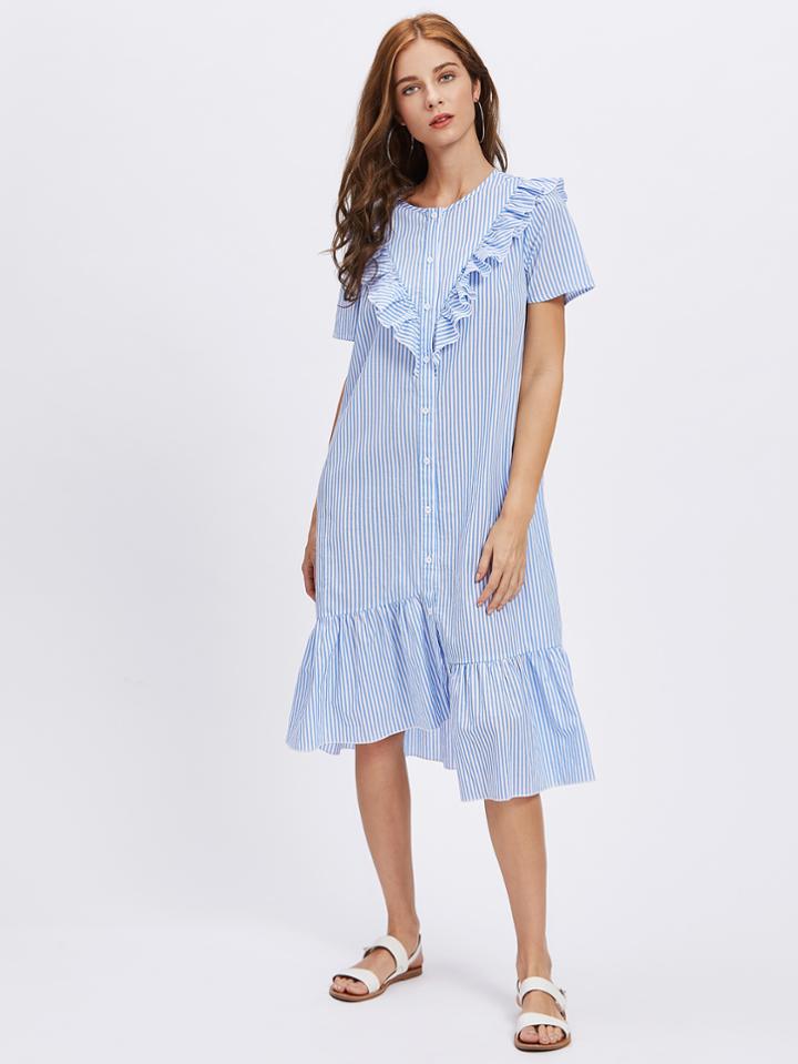 Shein Frill Trim Staggered Hem Shirt Dress