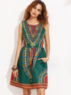 Shein Multicolor Print Sleeveless Pocket Flare Dress