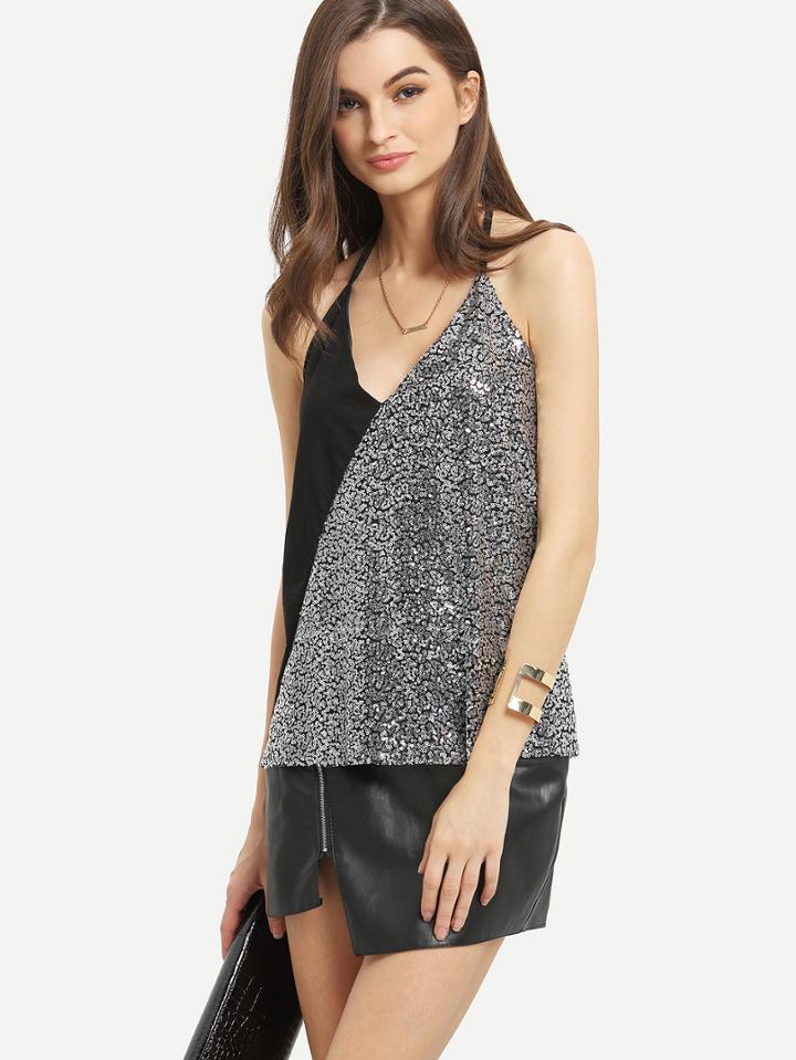 Shein Contrast Backless Halter Neck Sequin Top