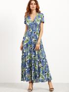 Shein Flower Print V Neck Button Drawstring Elastic Waist Dress