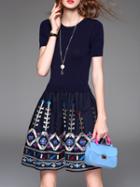 Shein Navy Knit Embroidered Combo Dress