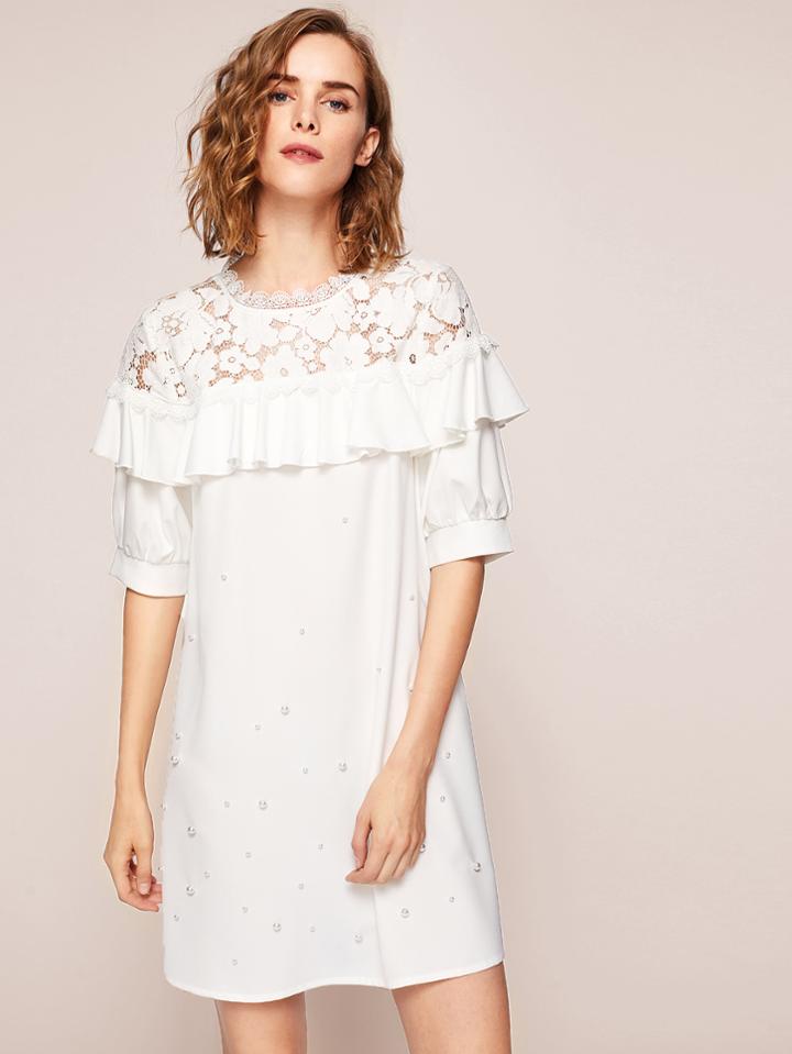 Shein Floral Lace Shoulder Pearl Beading Flounce Dress