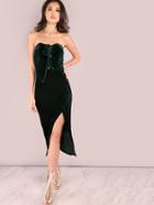 Shein Green Lace Up Front Slit Velvet Bandeau Dress