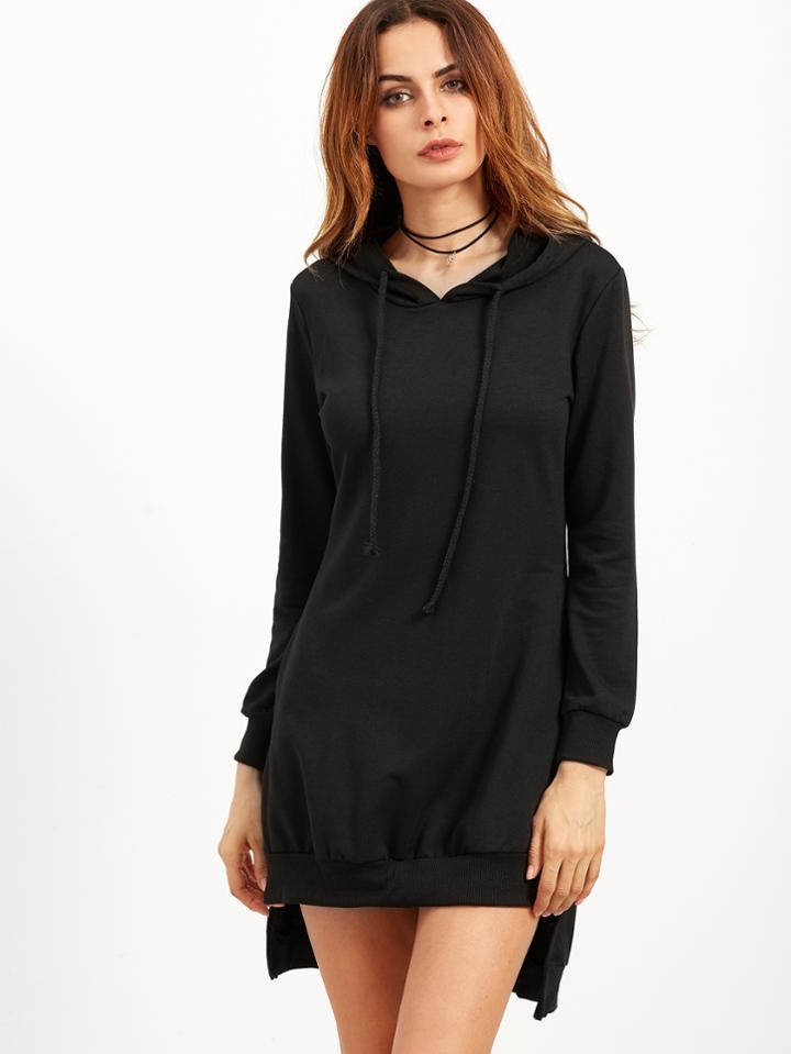 Shein Black Dip Hem Hooded Sweatshirt Dress