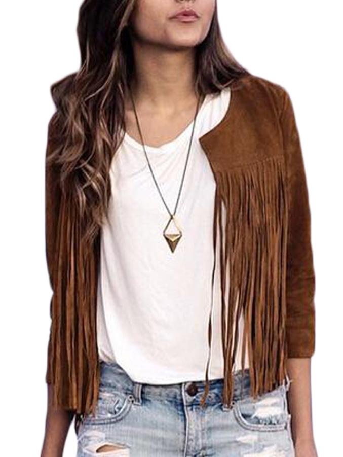 Shein Round Neck Tassel Suede Coat