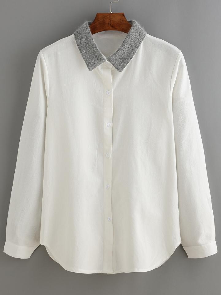Shein White Contrast Lapel Long Sleeve Loose Blouse