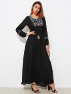 Shein Tasseled Tie Embroidered Yoke Dress