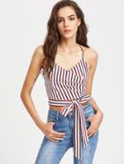 Shein Ruched Overlap Front Crisscross Back Belted Striped Cami Top