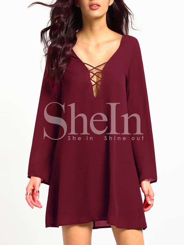 Shein Burgundy Deep V Neck Shift Dress