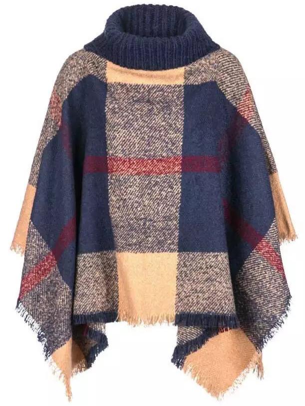 Shein Multicolor Plaid Turtleneck Fringe Poncho Sweater