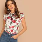 Shein Tie Neck Ruffle Armhole Floral Top