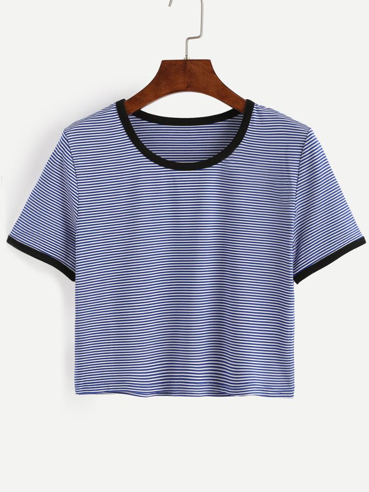 Shein Blue Striped Contrast Trim T-shirt