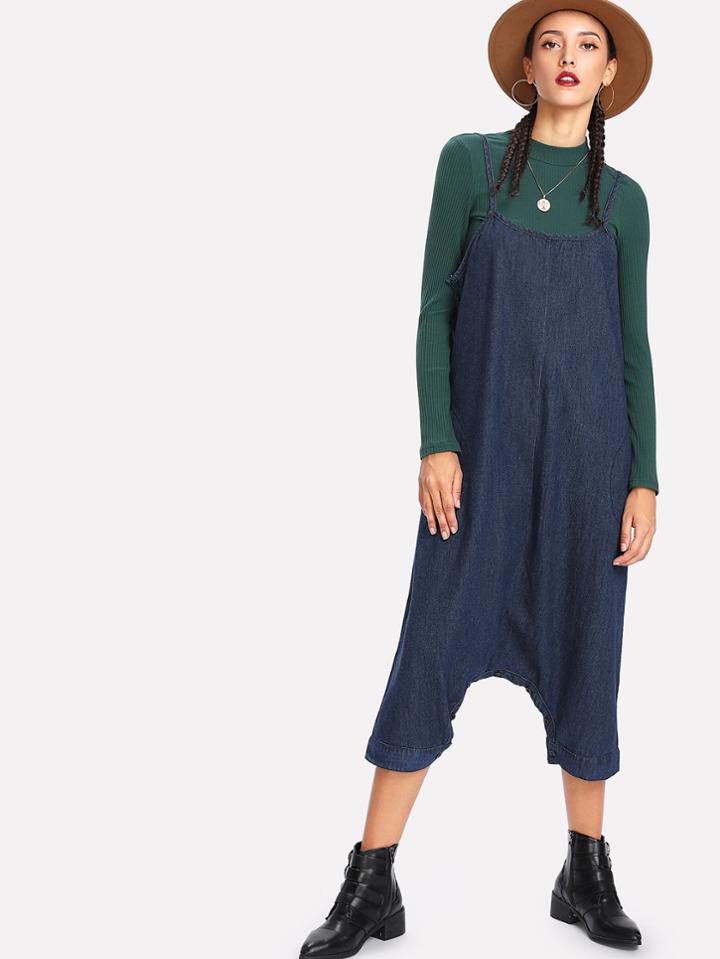 Shein Button Detail Drop Crotch Denim Overall Pants