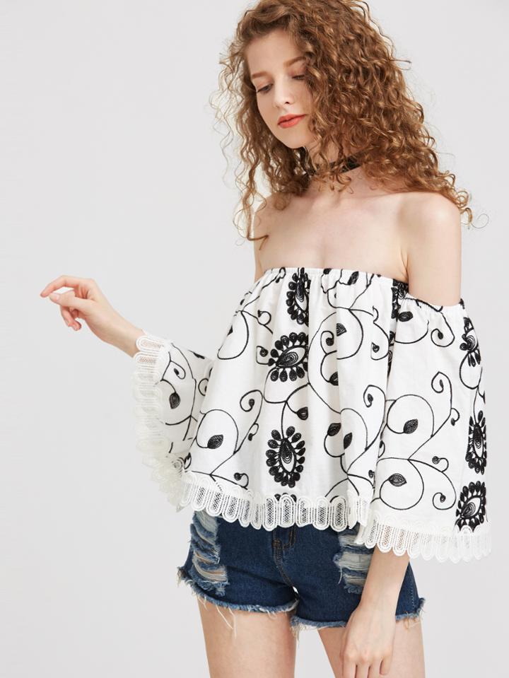 Shein Lace Trim Embroidered Swing Bardot Top