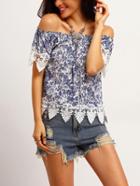Shein Blue White Off The Shoulder Floral Lace Blouse