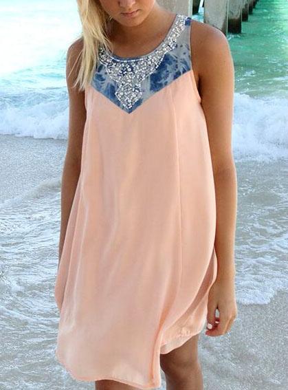 Shein Pink Round Neck Sleeveless Bead Crystals Rhinestone Loose Dress