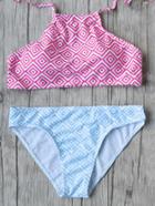 Shein Pink And Blue Geometric Print Halter Bikini Set